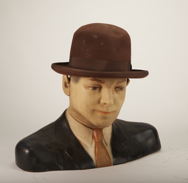 Adam Hats Figural Display: Plaster bust of a male. With Adam felt tip hat. Made in America.; 14" x 18"