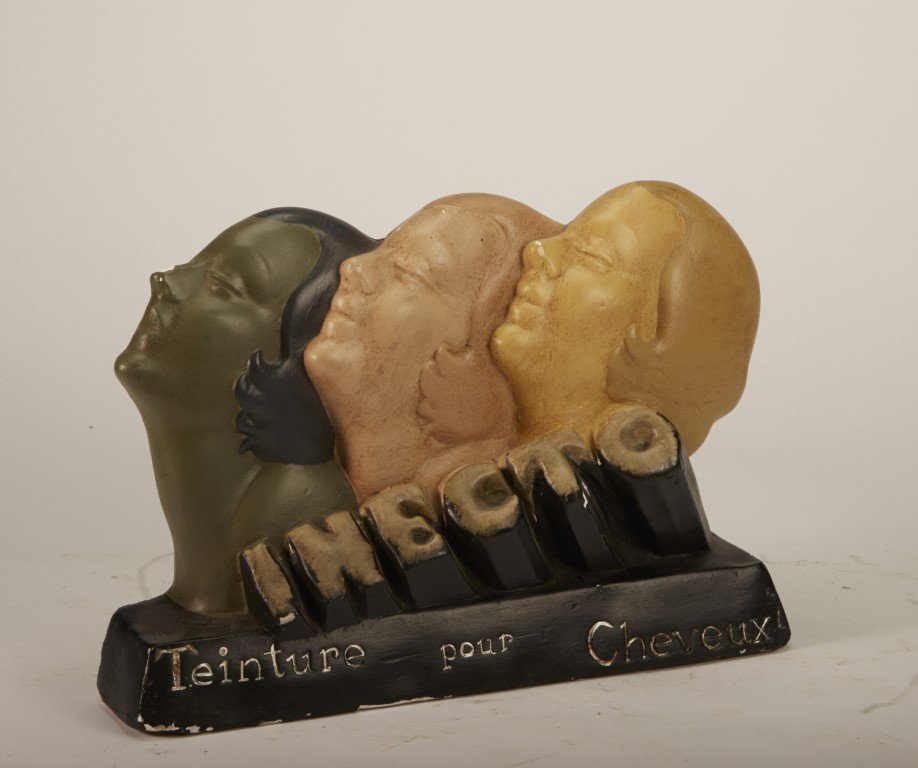 Inecto Shelf Display: Features three female profiles with different skin and hair colors. "Teinture pour Cheveux" Painted plaster. Minor paint chipping.; 8" x 12"