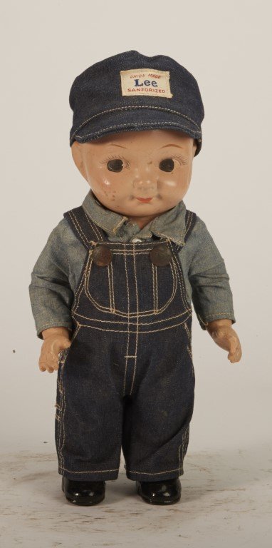 Buddy Lee Doll: Lee Overalls. Doll in denim and matching hat. James D. Julia Lot # 221/2. ; 13 x 6 1/2"