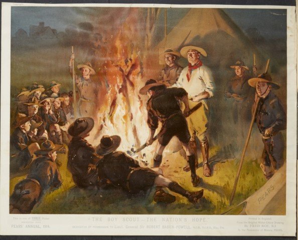 Pears advertising Sign: Lithography on paper. From original water color drawing by Fred Roe "The Boy scout- The nation's Hope", 1914. Original Oak frame. ; 14" x 18"