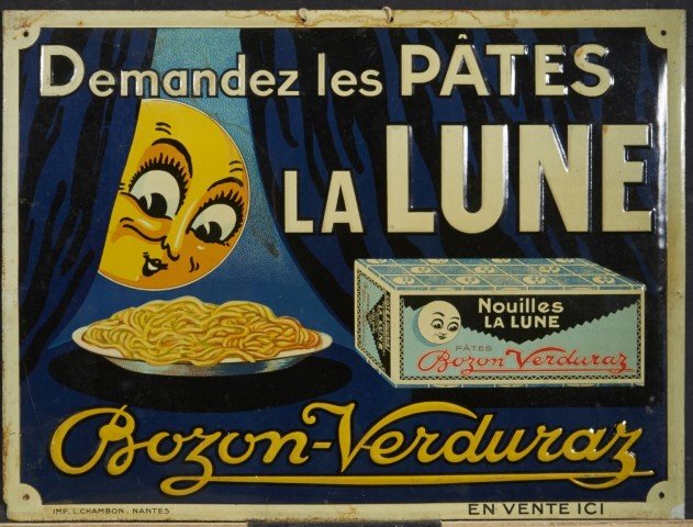 Nouilles La Lune Sign: French Lithography on tin. By L. Chambon ; 11 1/2 x 15 1/4"