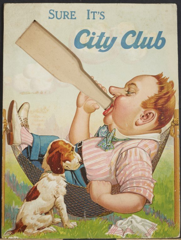 City Club Display sign: Lithography on cardboard. Triple easle back for stand up display and product placement. ; 19 3/4 x 14 1/2"