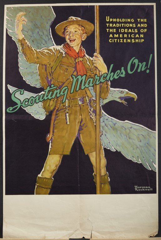 Boy Scouts Poster: Lithography on paper. "Scouting Marches On!", after a painting by Norman Rockwell. Condition: Bottom margin with tear not affecting the image. ; 30 x 20"