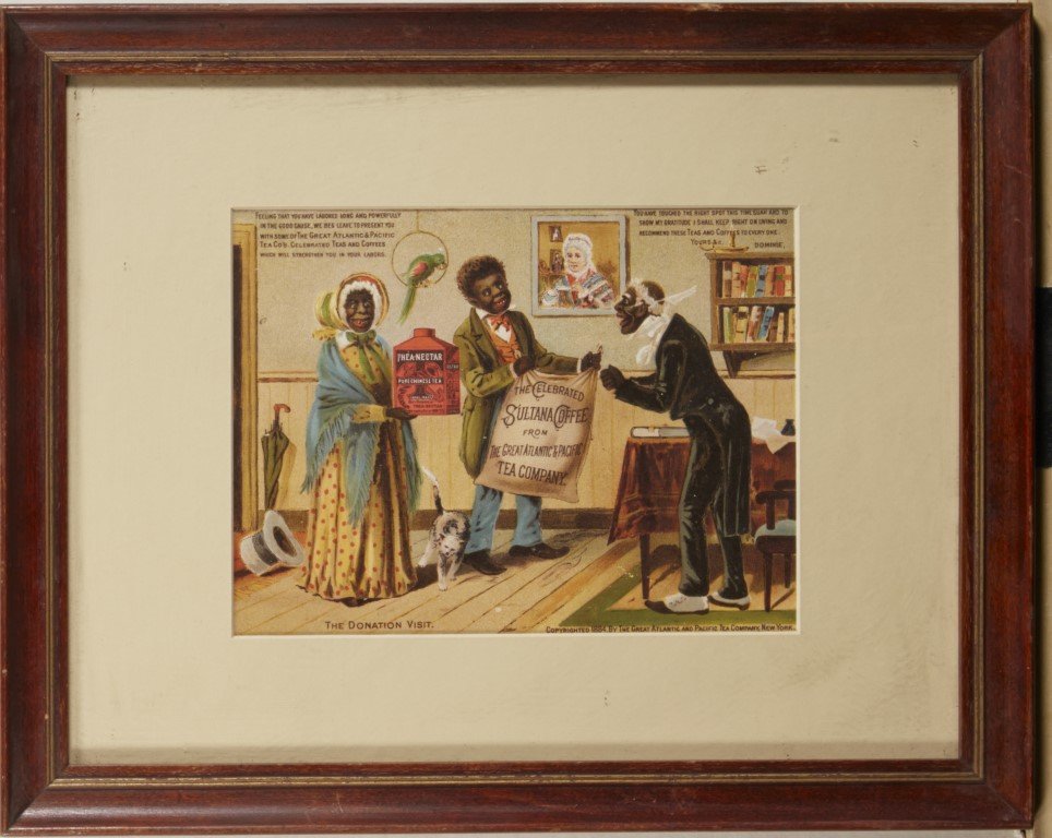 A&P Advertisement: 1884 "The Donation Visit" Advertisement on paper for the great Atlantic & Pacific Tea Company, New York. The reverse lists all of the cities in which the company was located. Matted and framed ; 6" x 