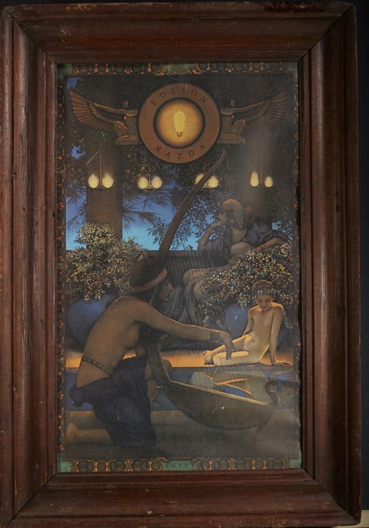 Maxfield Parrish Edison Mazda Sign: Lithography on paper. Illustration by Maxfield Parrish. In original frame ; 38 x 25"