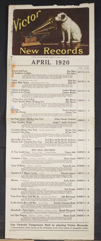 Victor New Record Release (3): November 1909, April 1920, May 1920. Lithography on paper. Condition: As is. ; 35" x 13"