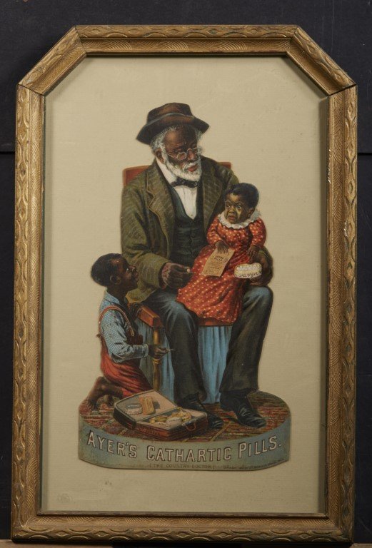 Ayer's Cathartic Pills Diecut: 1883 by J. C. Ayer & Co. Lowell, Mass. Depicts grandfather with grandchildren. Lithography on cardboard. ; 12 1/2 x 7"