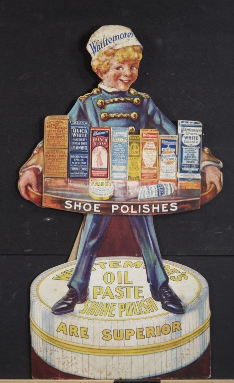 Whittemore's Shoe Polishes Diecut Advertisement: Whittemore's Oil Paste Shine Polishes Are Superior." Lithography on cardboard. Condition: Foxing. ; 20" x 11 1/2