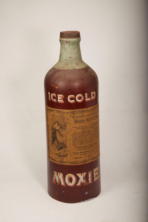 Moxie Bottle Advertisement: Ice Cold Moxie." Moxie Nerve Food Co. of New England. Painted press board. Condition as is.; 35