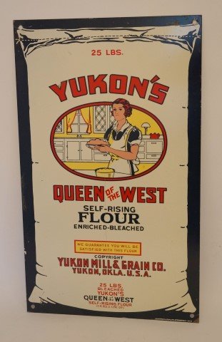 Yukon's Flour Sign: Yukon's Queen of the West Flour Sign. Lithography on enamel. Yukon, Oklahoma.
