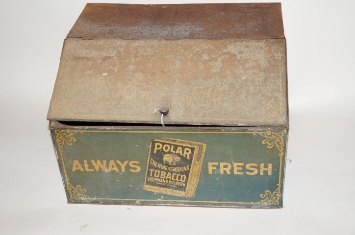 Polar Tobacco Tin: Polar Chewing and Smoking Tobacco lift top tin. Green lithography. "Always Fresh". Luhrman & Wilbeon Tobacco Company. Factory No. 6 First. Dist. Ohio . Lid and back as is. Probably will be visible in 