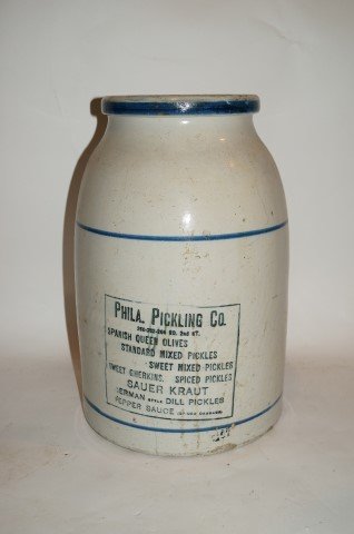 Phil. Pickling Co. Stoneware Crock: Blue lettering. 17" high x 10" wide