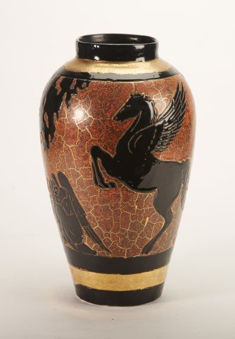 Boch Freres "Persee Et Les Gorgones" Vase: Gilt and glazed earthenware. Stamped "Keramis Made in Belgium." Numbered "D. 2074." Impressed "267" to bottom.; 13 1/4"H.