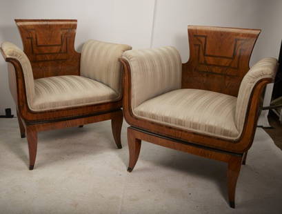 Italian Art Deco Suite 3 Pc.: A pair of Art Deco chairs and a settee with marquetried backs. Provenance: Christie's. ; (chairs)32" x 26" x 26", (settee)31" x 64" x 23"