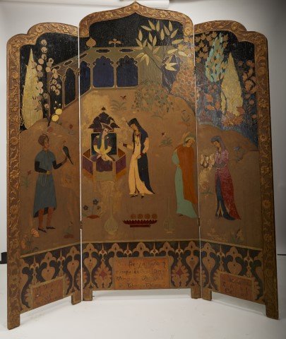 Hand Painted Three Paneled Screen: Persian Garden" Three adjoining double-sided panels. Middle Eastern decorative accents. Oil on panel. ; 65" x 50" ; 65" x 50