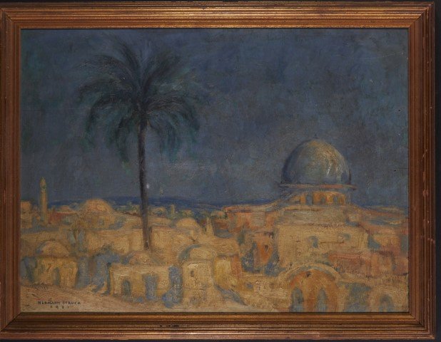 Hermann Struck: Oil. Signed: Middle Eastern City View. Signed Hermann Struck. 1921. Oil on panel. Framed.; 21 1/2" x 28"