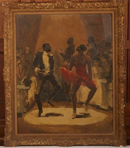 Pierre Sicard: Oil. Marked on the reverse.: Dancers in a club with identifying information at the reverse for Pierre Sicard.; an exposition label, and a partial label for Gallerie Georges. Oil on canvas. Gilt Frame.; 39" x 31"