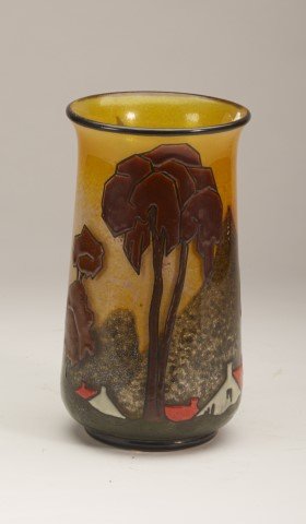 Marcel Goupy Vase: Signed M. Goupy at bottom. Layered glass with enameled decorations. Minor paint flaking at the inside. Provenance: Sothebys.; 8 3/4"H.
