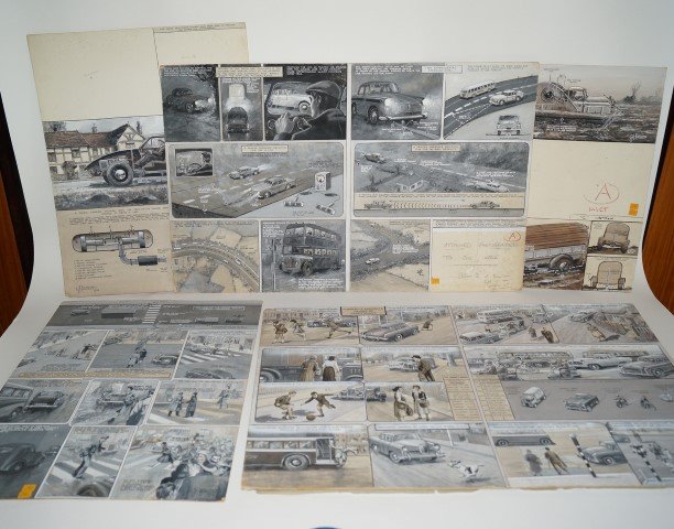 Vehicle Concept Drawings (5): Signed G. H. Tabis and dated 1956. For various vehicles and vehicle devices as well as pedestrain pathways as they would relate to the vehicles. Charcoal on board. Varying sizes (smallest to biggest);