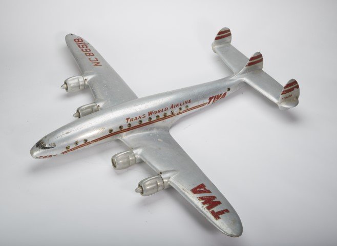 TWA Lockheed L749 Constellation: A sheet metal Lockheed Factory Model. C. 1940's.; 26" x 34"