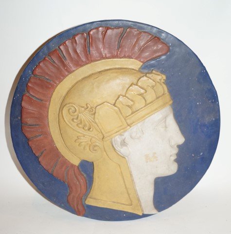 Rookwood Plaque: Roman Warrior. Impressed Rookwood Faience on the underside. 18"d. 2" in thickness