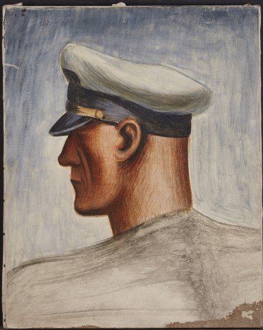 Fletcher Martin: Oil portrait. Signed.: Woodstock Artist. Profile Portrait of a Sailor. Inscribed "Fletcher Martin 1930's" on stretcher. Oil on canvas. Provenance: Sotheby's Arcade Auctions, Lot 275. Condition: Paint loss bottom right.; 20"