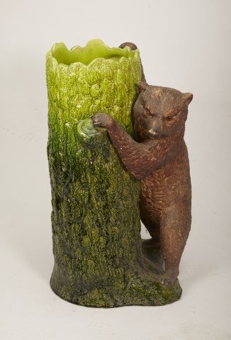 Figural Pottery Umbrella Stand: Bear and tree trunk ceramic umbrella stand. No markings; 25 1/2"H.