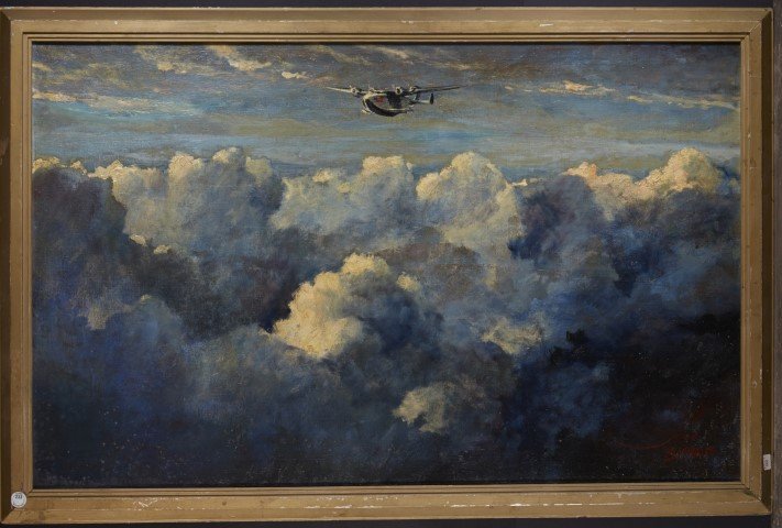 Eric Sloane. Oil. Signed.: Cloudscape with American Airplane. Signed Eric Sloane, lower right. Oil on canvas. Provenance: Sotheby's Arcade Auction. Lot 233; 25" x 40"