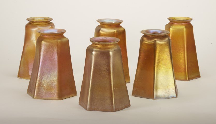 Tiffany Studios Iridescent Glass Shades (6): Six Louis Comfort Tiffany gold iridescent art glass original shades. All signed L.C.T. to top rim. Provenance: Christie's; 5" H