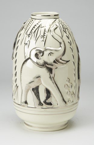 Boch Freres Vase: Bas relief silvered decorations of elephants. ; 12" H