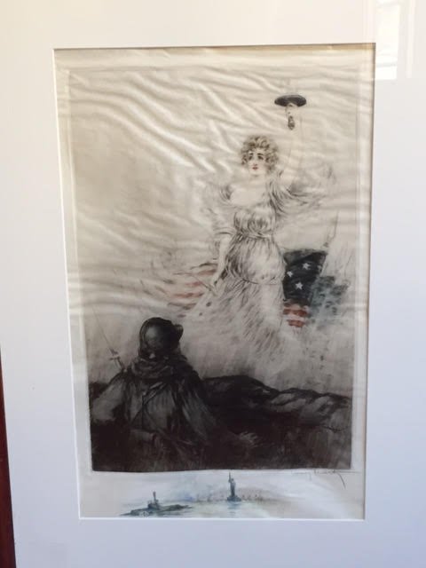Louis Icart Etching & Aquarelle: Louis Icart drypoint etching with original watercolor. " Lady Liberty. " Pencil signed Louis Icart ,lower right. Handcolored drypoint etching with watercolor and charcoal on vellum. Original watercolo