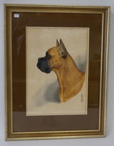 19th C. Watercolor Portrait of a Boxer: Watercolor on board, Portrait of a Boxer signed with monogram; 17.25in. X 12.25in.