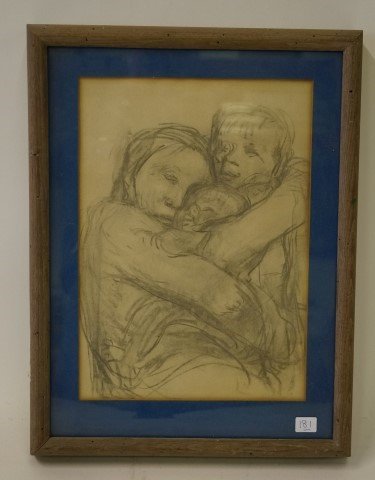 19th C. Charcoal Drawing.: An embracing family. 13" x 9 1/4"
