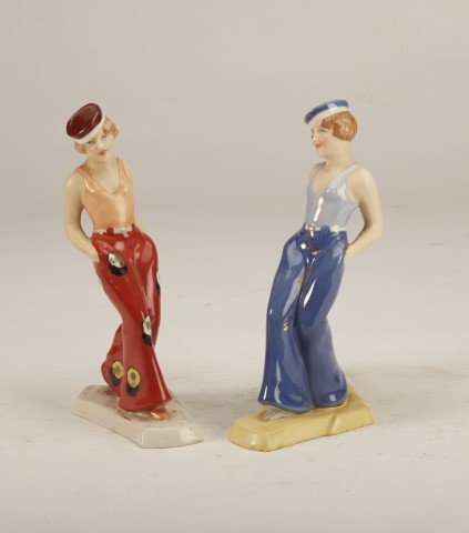 Pr. Royal Dux Art Deco Figures.: Each depicts a female sailor. Royal Dux stamp to bottom. One stamped "Czecheslovakia" to bottom. ; 6 1/2" H