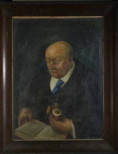 Otto Dix. Oil. Signed: Portrait of a Man With a Pipe, Reading. Signed Otto Dix upper right. Oil on canvas.; 38" x 29 1/2"