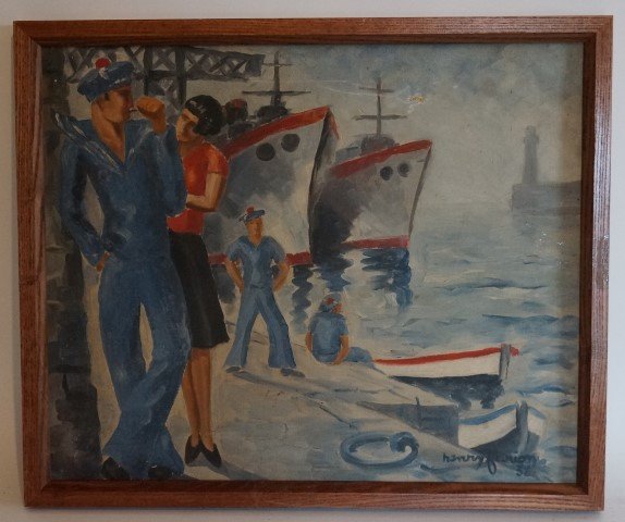 Henry Farion. Oil on canvas. Signed: Sailors in harbor. Some minor canvas damage. Signed L. R. Dated 1932; 14 1/2"H. x 17 1/4"W.