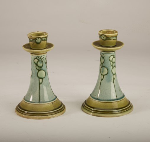 Pr. Minton Art Nouveau Candlesticks: Blue and green glaze. Stamped "Minton's LTD. No. 1" Impressed "KL, E". ; 6 1/2"