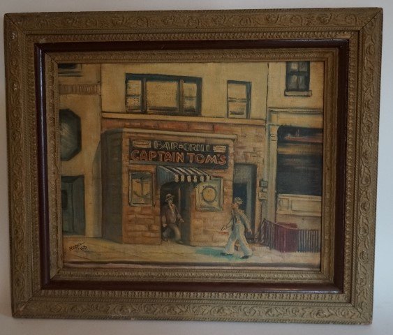 F. Nebel. Oil on Canvas. Signed: Oil on canvas. "Captain Tom's Bar and Grill" Signed L.L. and dated 1953; 16"H. x 20"W.