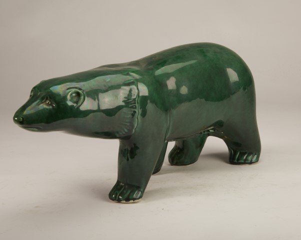 Art Pottery Polar Bear: Green glaze.; 7 1/4" H