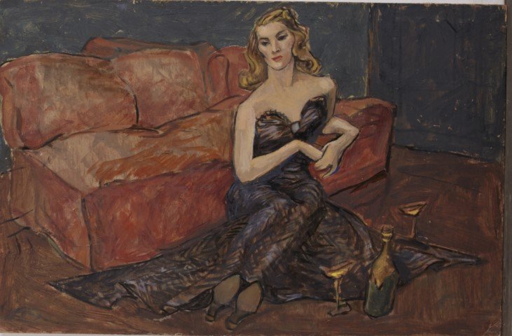 1940's Oil. "Girl With Champagne": C. 1940. Oil on board. Titled and dated by label en verso. Condition: Damaged edges. Provenance: Sotheby's Arcade Auction, lot 290.; 10" x 15 1/2"
