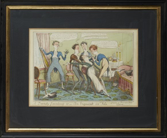 Cruikshank Etching. Published by Humphrey. 1818: A Dandy Fainting" or" An Exquisite in Fits" Artist: Isaac Robert Cruikshank. Publisher:George Humphrey. 1818. Hand-colored etching.; 9 1/2" x 13