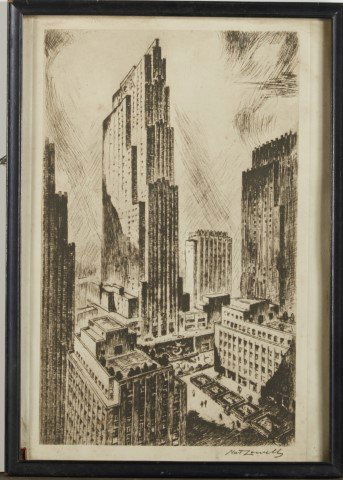 Nat Lowell: Drypoint Etchings. Signed. (2): Views of Rockefeller Center. Ink signed Nat Lowell, lower right. Drypoint etching.; 14 1/4" x 9"
