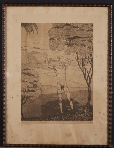 A. Paunzen: Drypoint Etching. Signed.: Nude Man in a Field. Signed Arthur Paunzen in pencil, lower right. C.1930. Drypoint etching. Illegibily titled. Condition: Some staining, center of image.; 17" x 13"