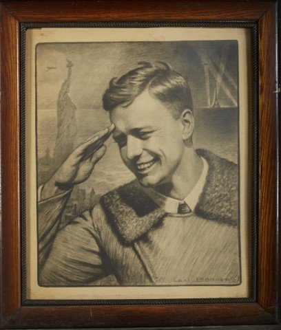C. Bohner: Charles Lindbergh: Lithograph signed Carl Bohner, lower right. After an original charcoal drawing. ; 24" x 19"