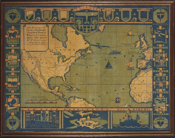 The Flight of Charles Lindbergh: From New York to Paris in his Mono-plane "The Spirit of St. Louis" on May 20-21, 1927. Lithography on board. Condition: Puncture, lower right. ; 18 3/4" x 24 1/4"