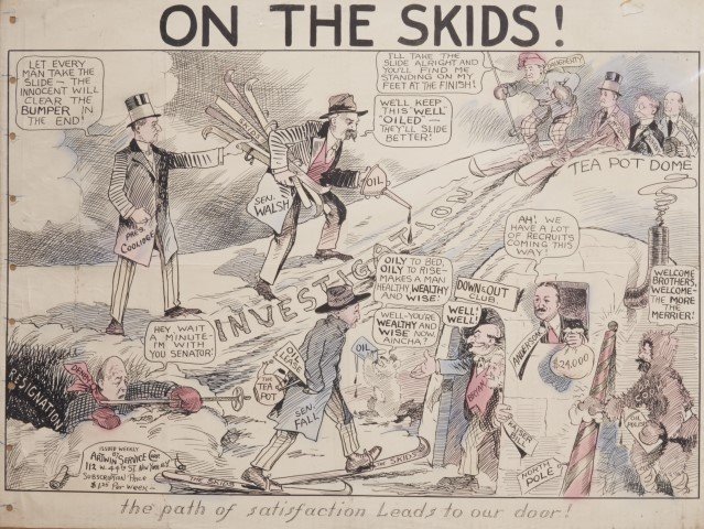 Political Cartoon of the Teapot Dome Scandal: On the Skids! The Path of Satisfaction Leads to Our Door". Issued Weekly by Artwin Service Corp. New York, New York. Color Lithography. Condition: creasing.; 19 1/2" x 26