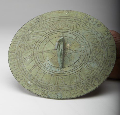 Bronze Sun Dial: Inscribed "Seize the Present Moment, the Evening hour is Nigh"; 8" Diameter