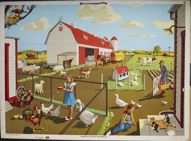 Tableaux Filteau-Villeneuve (15, 21): Les Editions Schola, Montreal. 1947.Double-sided lithography on cardboard. Condition: Minor staining, bottom left of side 21. Some minor scratches, side 15. ; 27 1/4 x 37 1/2"