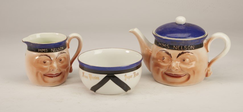 HMS Nelson Porcelain Breakfast Set: Includes teapot, creamer, and bowl. From Weston Super Mare. Impressed 168. Hand painted. Condition: Minor ware.; teapot: 5" H
