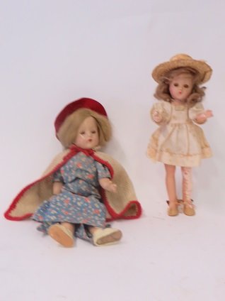 Doll Lot Inc.Effanbee Suzanne: 1. Sleep Eyes. Straight legs. Swivel head. 11"H. Composition Face is fine. Considerable peeling to arms and leg, probably Madame Alexander. 2. Effanbee Suzanne Doll. Marked at the back Composition. Sl